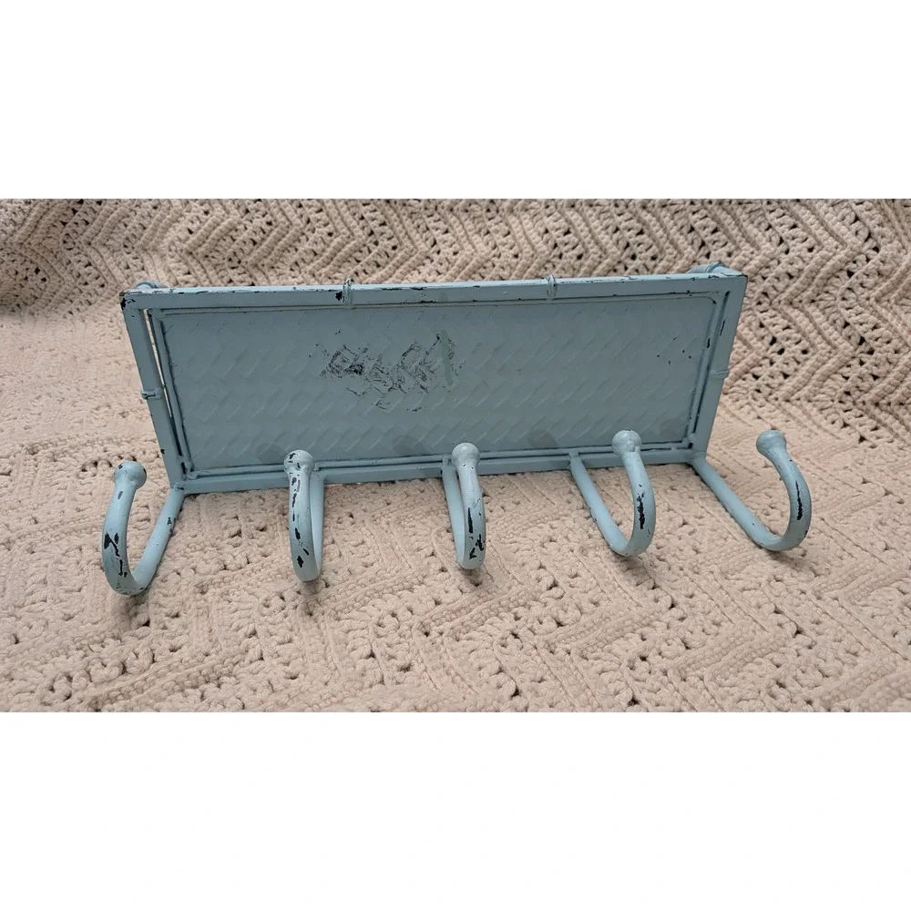 Vintage Shabby Chic Blue Metal Wall Shelf Hook Coat Rack Floral Rose Distressed